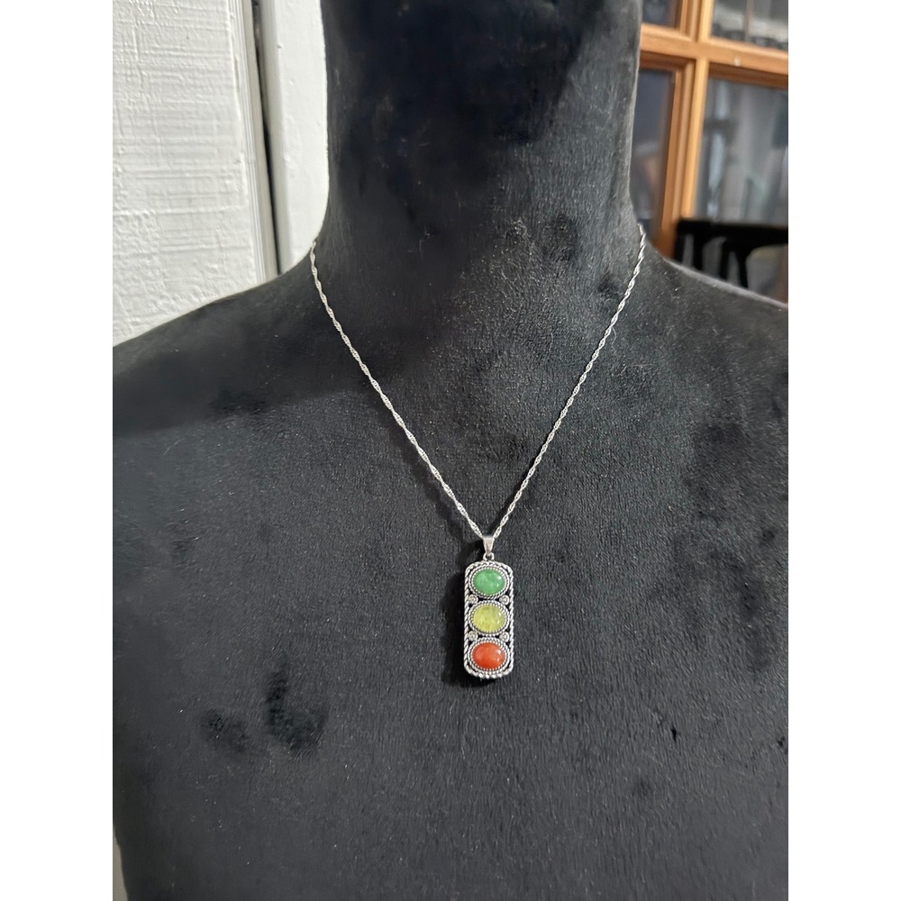 Sterling Silver Jadeite Traffic Light Pendant Necklace Green Yellow Orange
